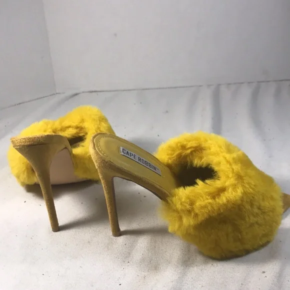 Cape Robbin Women’s Sexy Yellow Faux Fur and Suede 4 1/2 Inch Slip On Stilettos